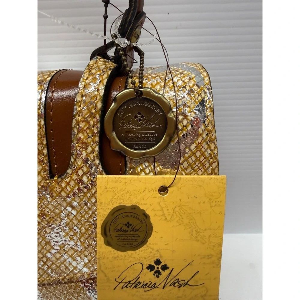 Patricia Nash Leather STINTINO Vintage Leather Flap Satchel  Bag METALLIC‎ GOLD